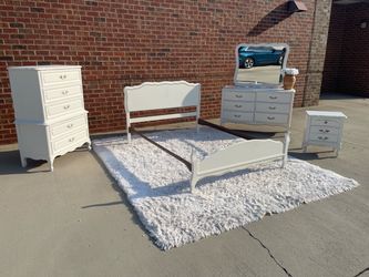 White MCM French Provincial Antique Complete Bedroom Set, Bed, Chest of Drawers, Mirror, Nightstand
