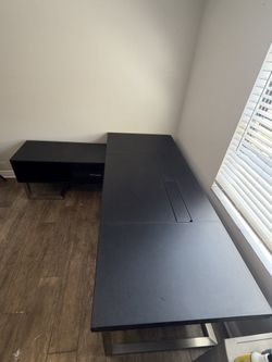 Executive L-Shaped Desk w/ Italian Leather Top + Storage Drawers