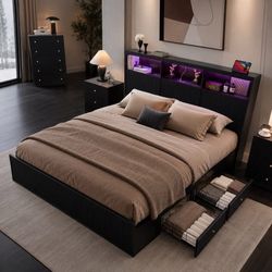 🚨 King  Size Bed Frame with Headboard Lights and bookcase storage, new  L-20
