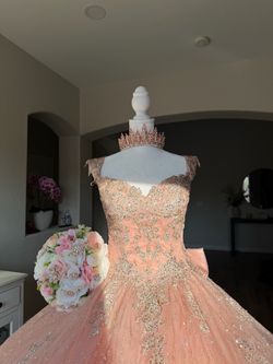 Peach Quinceanera Ball Gown with Silver Embroidery
