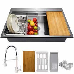 AKDY Handmade All-in-One Topmount Stainless Steel 33 in. x 22 in. Single Bowl Kitchen Sink w/ Spring Neck Faucet, Accessory 