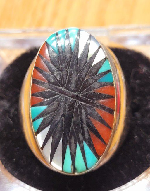 Zuni Style Heavy Sterling Silver Men's Inlay Ring (Precise Work)