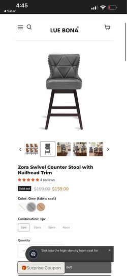 Zora Swivel Counter Stool with Nailhead Trim set of 1 Dimensions & Materials •Overall Size: 20"W x 20"D x 39"H Materials: Seat—Fabric  Frame—Solid Woo
