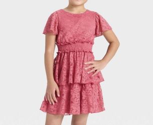 Zenzi Girls Tiered A-Line Dress, All Over Lace, Smocked Waist, Easter Spring Summer, Rose Pink Color, Size XS/Extra Small 4/5 *Brand New with Tags*
