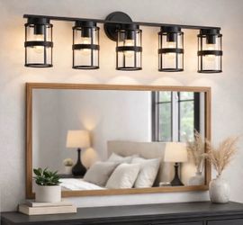 Brand new 5-Light Industrial Vanity Light Fixture - Matte Black & Clear Glass