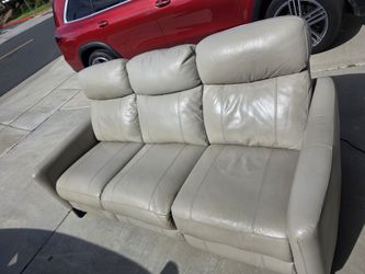 Light Gray Leather Sofa with Recliners on Both Ends