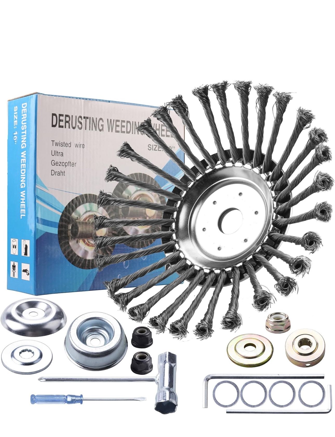 10 Inch Steel Wire Rotary Brush Cutter Trimmer Head Sets Weeds Blade Cutter with Universal Adapter Kit Compatible with String Trimmers, Moss Grass Rus