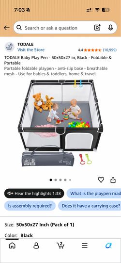 TODALE Baby Play Pen - 50x50x27 in, Black - Foldable & Portable Portable foldable playpen - anti-slip base - breathable mesh - Use for babies & toddle