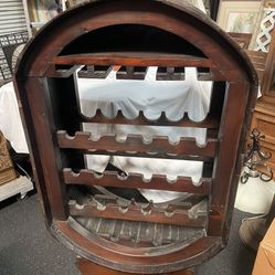 Vintage Rustic Wood Oval Barrel Wine Bottle & Glasses Rack Cabinet