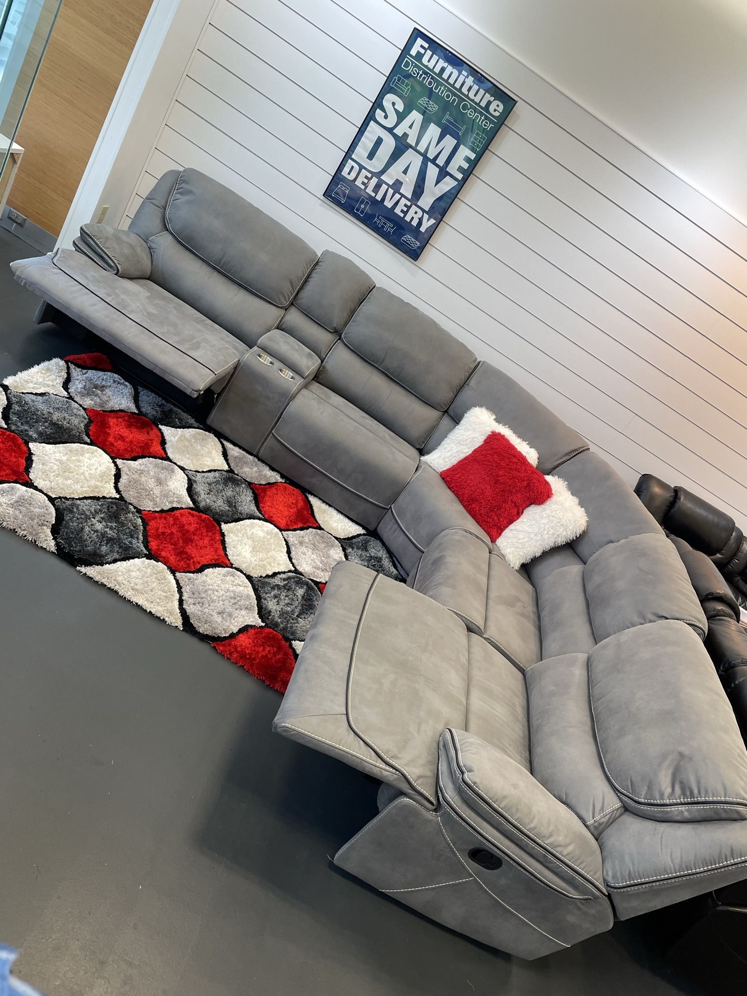 Black Friday sale now. Alejandro gray reclining sectional only $1799. Easy finance option. Same day delivery.