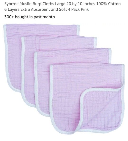 4pk Muslin Burp Cloths Large 10x20 Pink