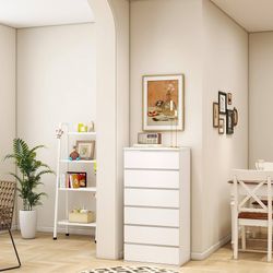 Drawer Dresser, Modern Chest of Drawers Without Handle Wooden Tall Dresser Storage Cabinet Bedroom Furniture for Home Office (White, 6 Drawer)