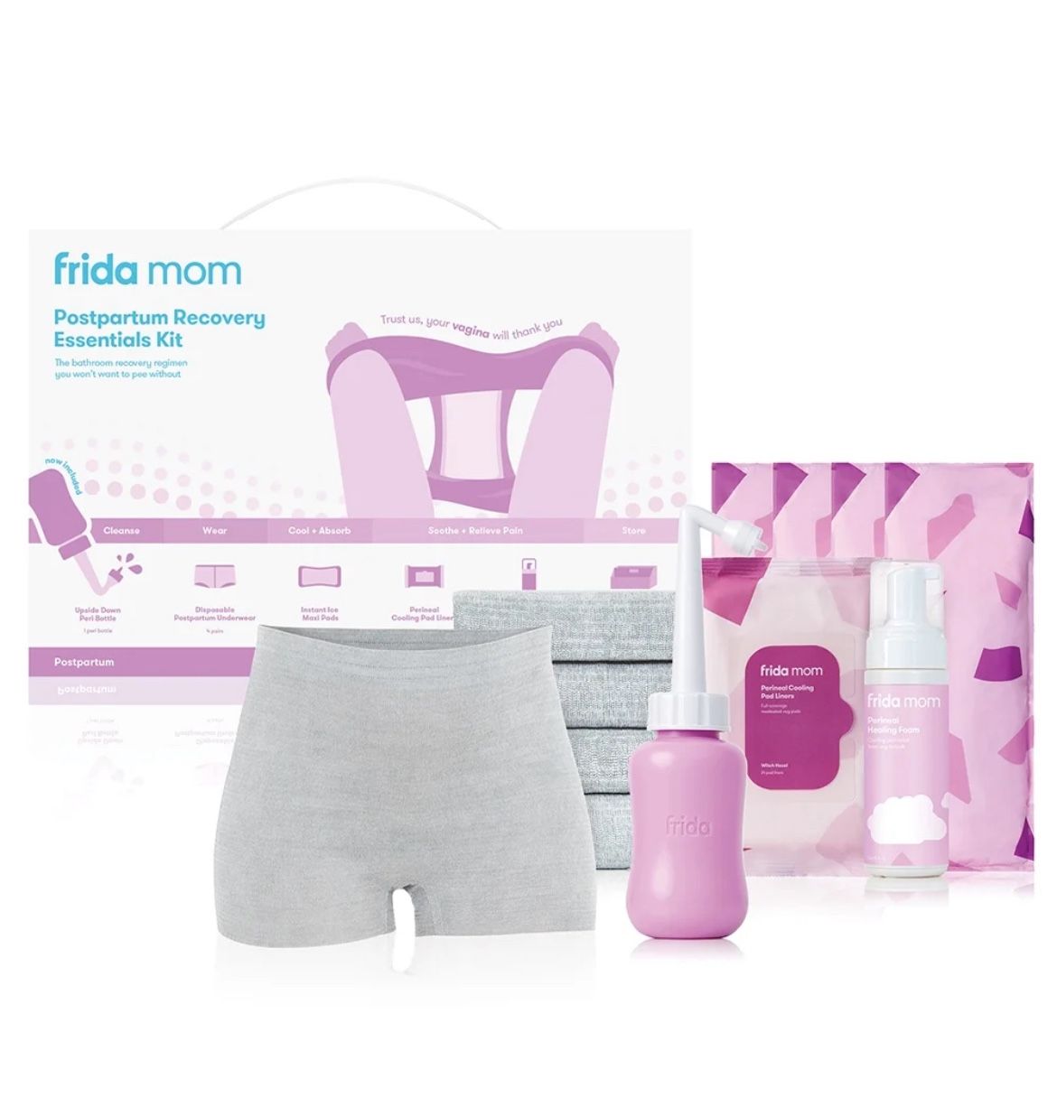 Frida Mom Postpartum Recovery Essentials Kit with Cooling Pads, Peri Bottle, Healing Foam and More
