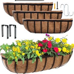 DUNCHATY Railing Planter Window Box - 4 Pack 24" Horse Trough Planter with Coco Fiber Liner - Deck Balcony Rail Planter for Porch Fence Patio Outdoor