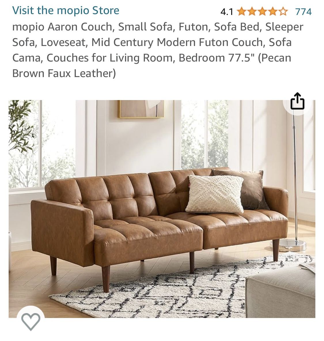 Aaron Couch, Small Sofa, Futon, Sofa Bed, Sleeper Sofa, Loveseat, Mid Century Modern Futon (Pecan Br)