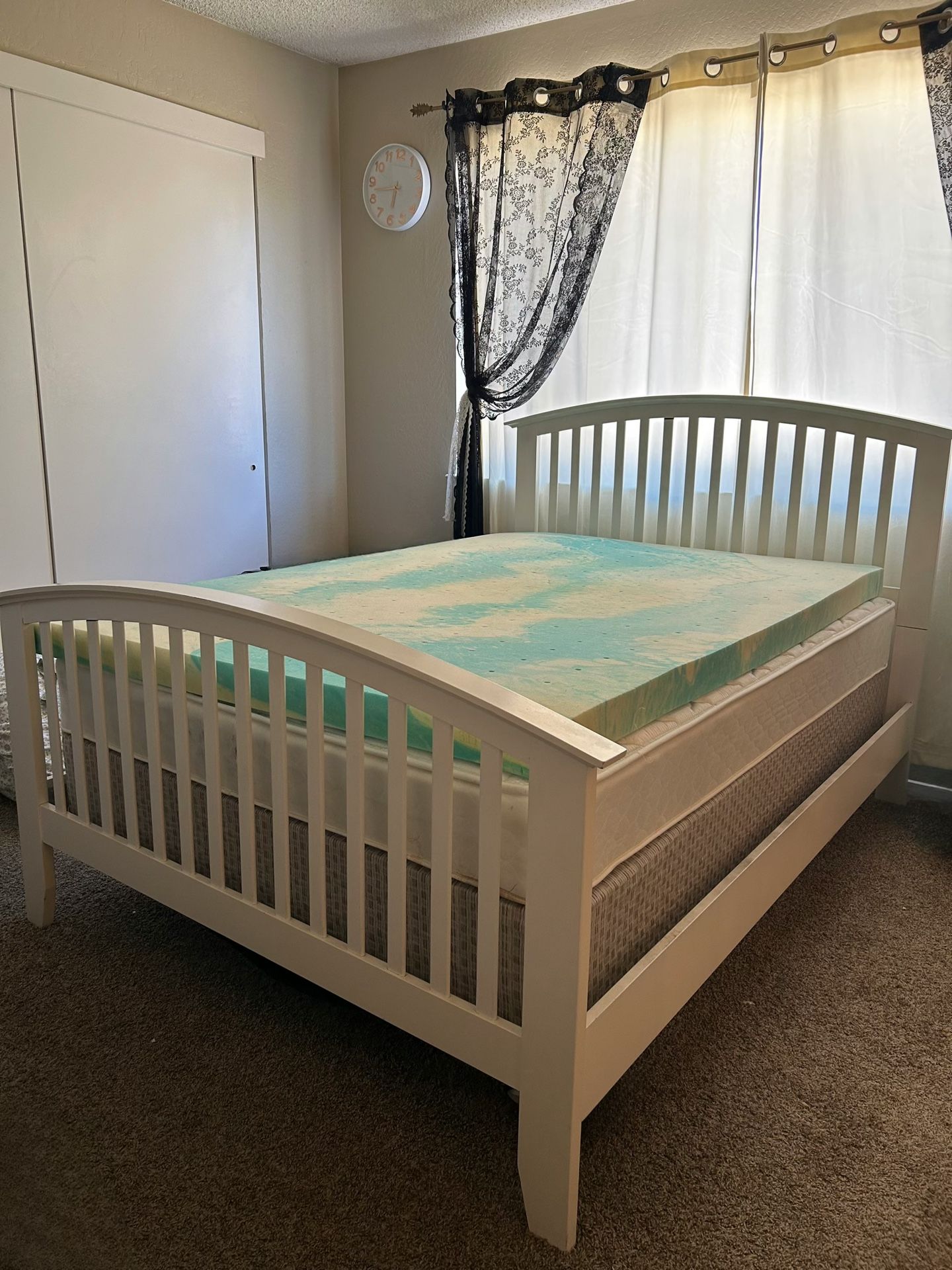 Full size Bed Frame, Mattress, Box spring & Mattress Topper