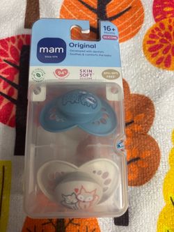 MAM Original Pacifier 16+ Months Silicone 2-Pack Blue Sloth & Fox - NEW Sealed with Sterilizer Box - BPA/BPS Free