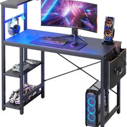 Bestier Gaming Desk with LED Lights, 44 Inch PC Gamer Desk for Small Spaces, Computer Desk with Reversible Storage Shelves & Side Storage Bag (Black G