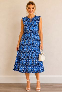 Talbots Women’s Size 2 Blue White Geometric A-Line Ruffle Midi Dress Sleeveless