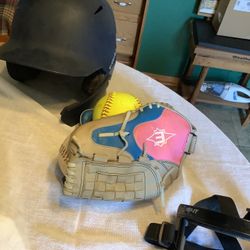 Softball Package including like new Easton 12” softball glove,  Rip-it safety mask with adjustable straps Softball helmet Evoshield, size medium 2 sof