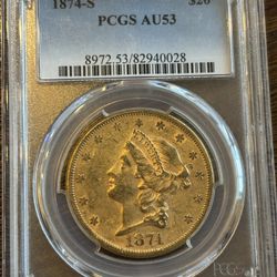 1874-S $20 Liberty Gold Double Eagle – PCGS AU53 – San Francisco