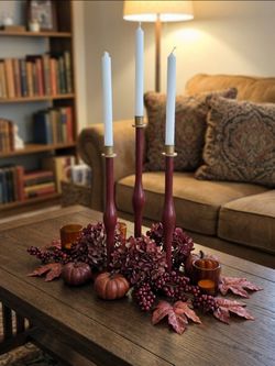 Set of 3 Wood & Metal Taper Candle Holder Candlesticks Burgundy Red Gold