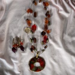Red And Orange Necklace With Earring Set 