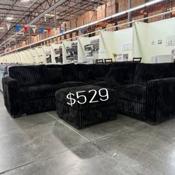 Black 4-Pc Fur-Like Jumbo Corduroy Sectional Sofa Set ✅ No Tax ✅