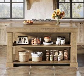 JW1105AB Kitchen Island with 3 Shelves, 55 Inches Width Kitchen Shelf with Large Worktop, Stable Woo