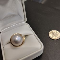 LARGE PAVE PEARL AND DIAMOND RING