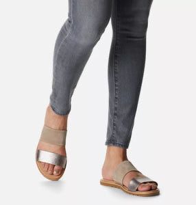 Sorel Ella II Tan Silver Leather Flat Casual Slip On Slide Sandals Size 9 
