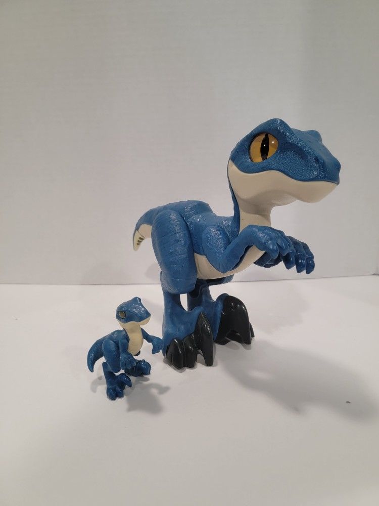 MATTEL Imaginext Jurassic Park World Blue Raptor 9.5 inch Dinosaur With Baby