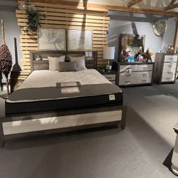 Grey King Bed, Dresser, Mirror And One Nightstand