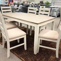 Brand New | White / Light Brown Color 7 Piece Dining Room Furniture Set| Table And Chairs Set 39$ Down Payment @ Fast Delivery 🚚
