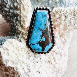 Natural Turquoise Oxidized Copper Gemstone Ring Sz 8