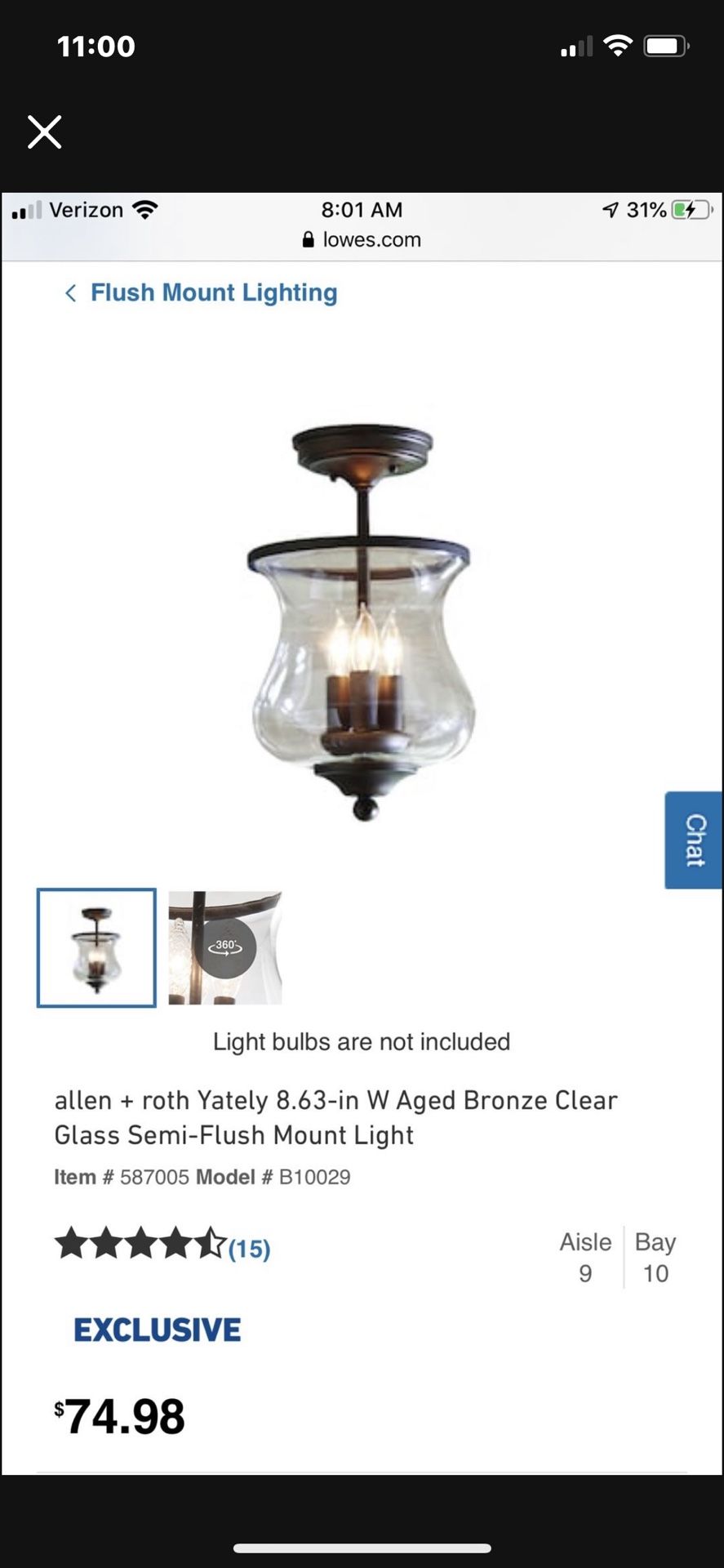 2 Hallway Lights Originally $75 Each- $20 Total