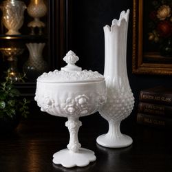 Fenton Milk Glass Hobnail Swung Vase 12.5” + Cabbage Rose Dish 8” Vintage