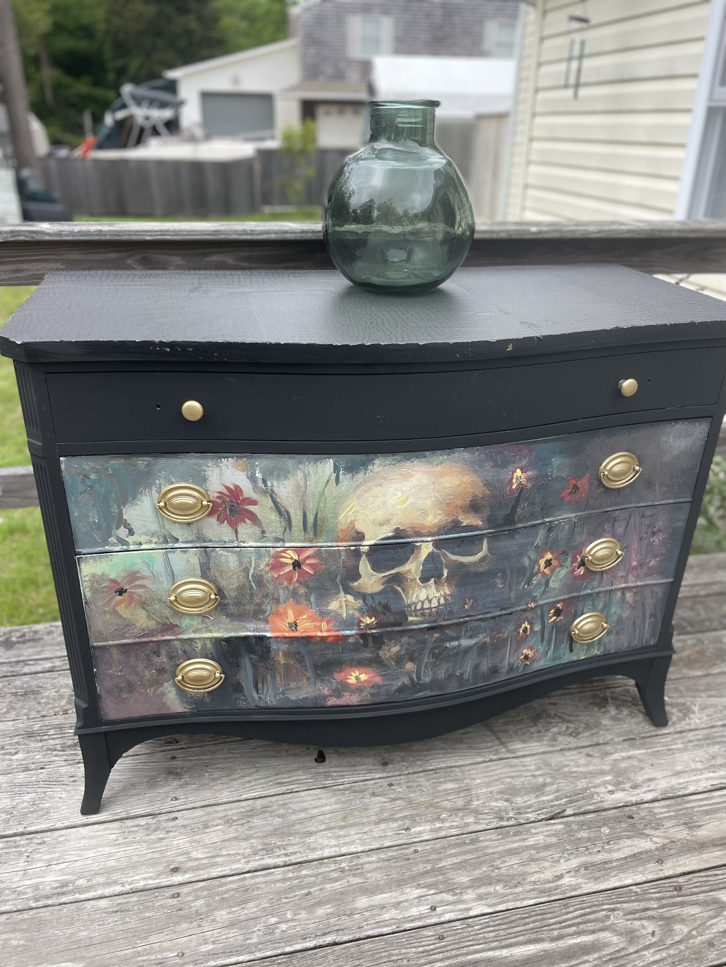 One Of A Kind Solid Wood Hand Painted 4 Drawer Dresser / Tvstand / Console / Cabinet