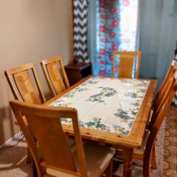 Italian Hand Painted Kitchen Table..Grape Vine Design!@..Solid Wood And Tile Top..Size 62x38 Wide 30 Inches Tall...6 Padded Solid Wood Kitchen Chairs.
