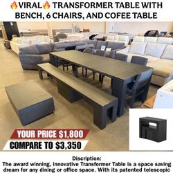 🔥 VIRAL 🔥 TRANSFORMER TABLE WITH BENCH, 6 CHAIRS, AND COFEE TABLE