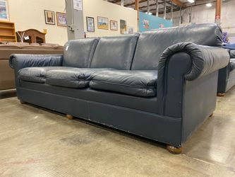ETHAN ALLEN Navy Blue Leather 3 Seat Sofa