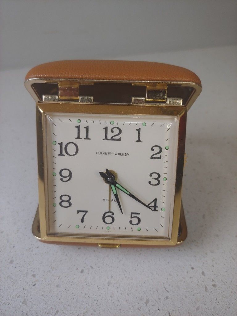 Vintage Brown Phinney-Walker Traveling Alarm Clock Radium Dial Japan Glows