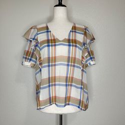 Madewell V-neck Textured Plaid Shoulder-Ruffle Top