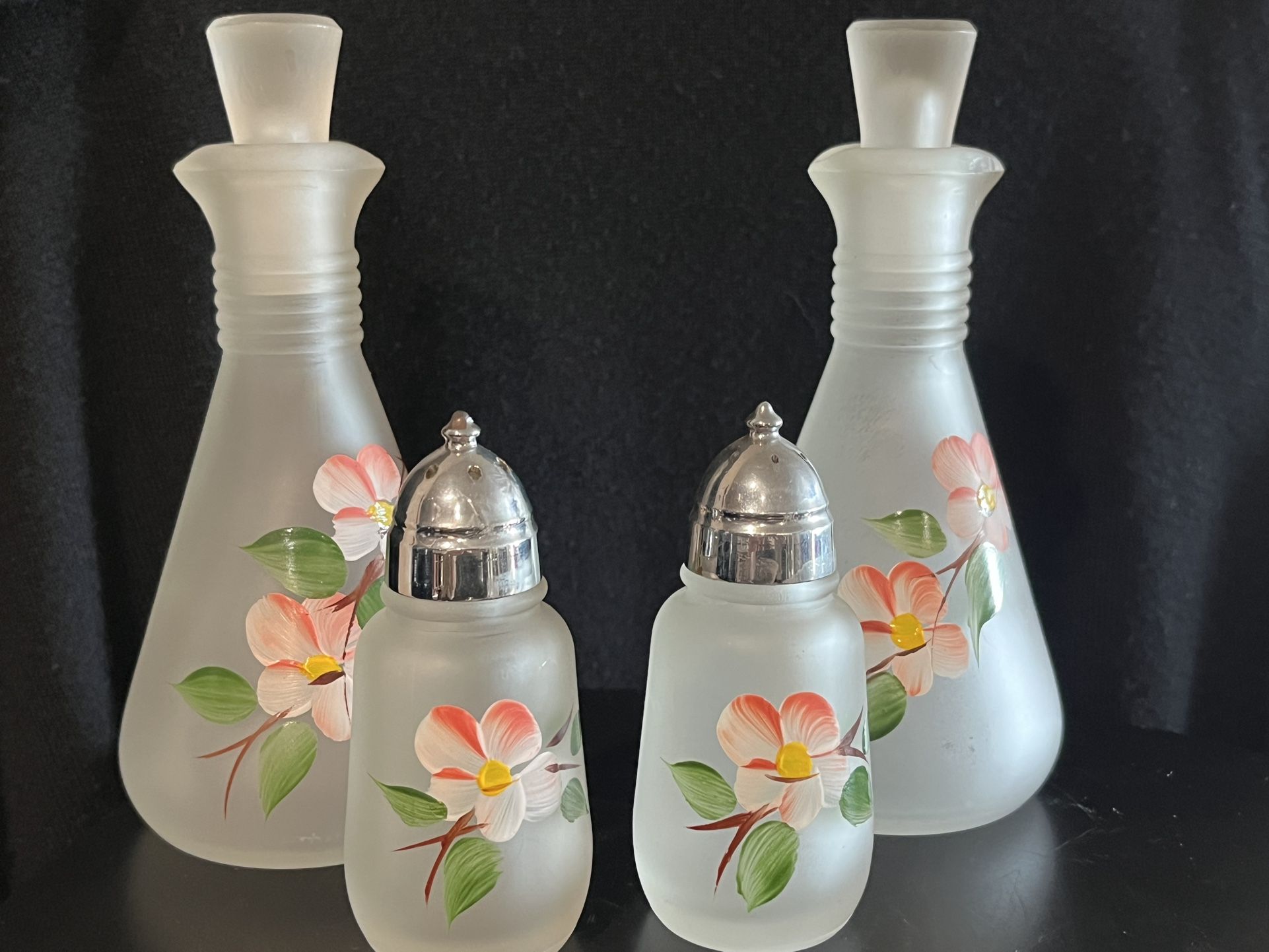 Hazel Atlas Hand Painted Salt And Pepper Shakers With Matching Oil And Vinegar Cruets