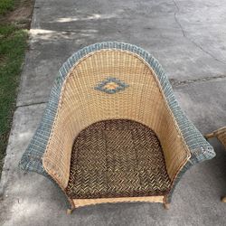 Three (3) Wicker Chairs With Printed Seat Coushins