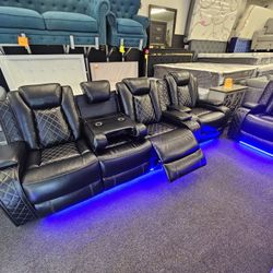 Super Deal 3 Pcs Sofe Recliner Set Power Faux Leather W/ LED Light Wireless Charger & USB Outlet $1799