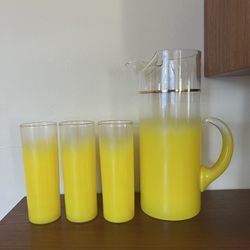 Vintage 1950s Yellow Glass Blendo Pitcher And Glass Set