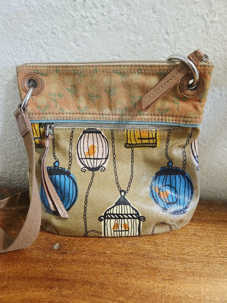 Vintage Fossil Key-Per Coated Canvas Bird Cage Crossbody Purse Handbag Adjust Strap READ AS-IS