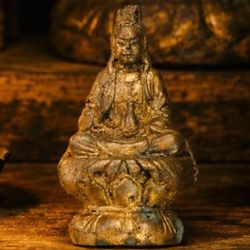 Fine Art Vintage Original Solid Metal Gold Buddha Antique Guanyin Bodhisattva of Compassion Lotus Throne Buddhism Quan Yin Avalokiteshvara HILLCREST