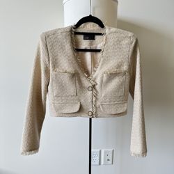 Beige Tweed Crop Jacket With Shoulder Pads
